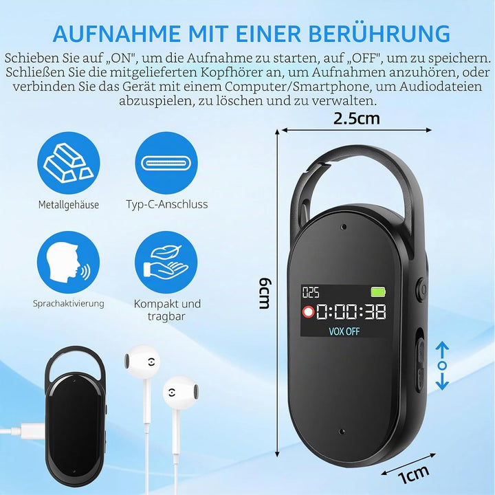 64 GB Digitales Diktiergerät - tragbarer Mini-Digitaler Audio-Aufnehmer mit Spracherkennung und MP3,