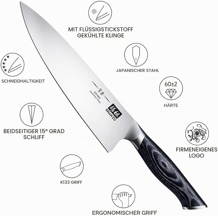 SHAN ZU Kochmesser Küchemesser 20CM Extra Scharfe Profi Messer aus Hochwertigem Carbon Edelstahl Che