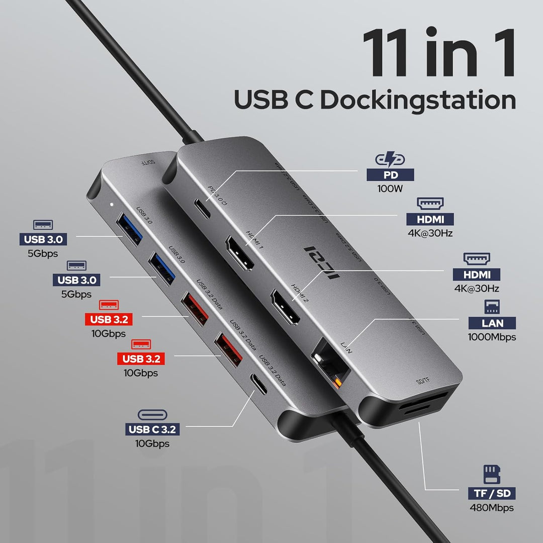 ICZI USB C Docking Station Dual HDMI 11 IN 1 USB Hub 2 HDMI, Gigabit Ethernet, 5X USB C/USB A Ports,