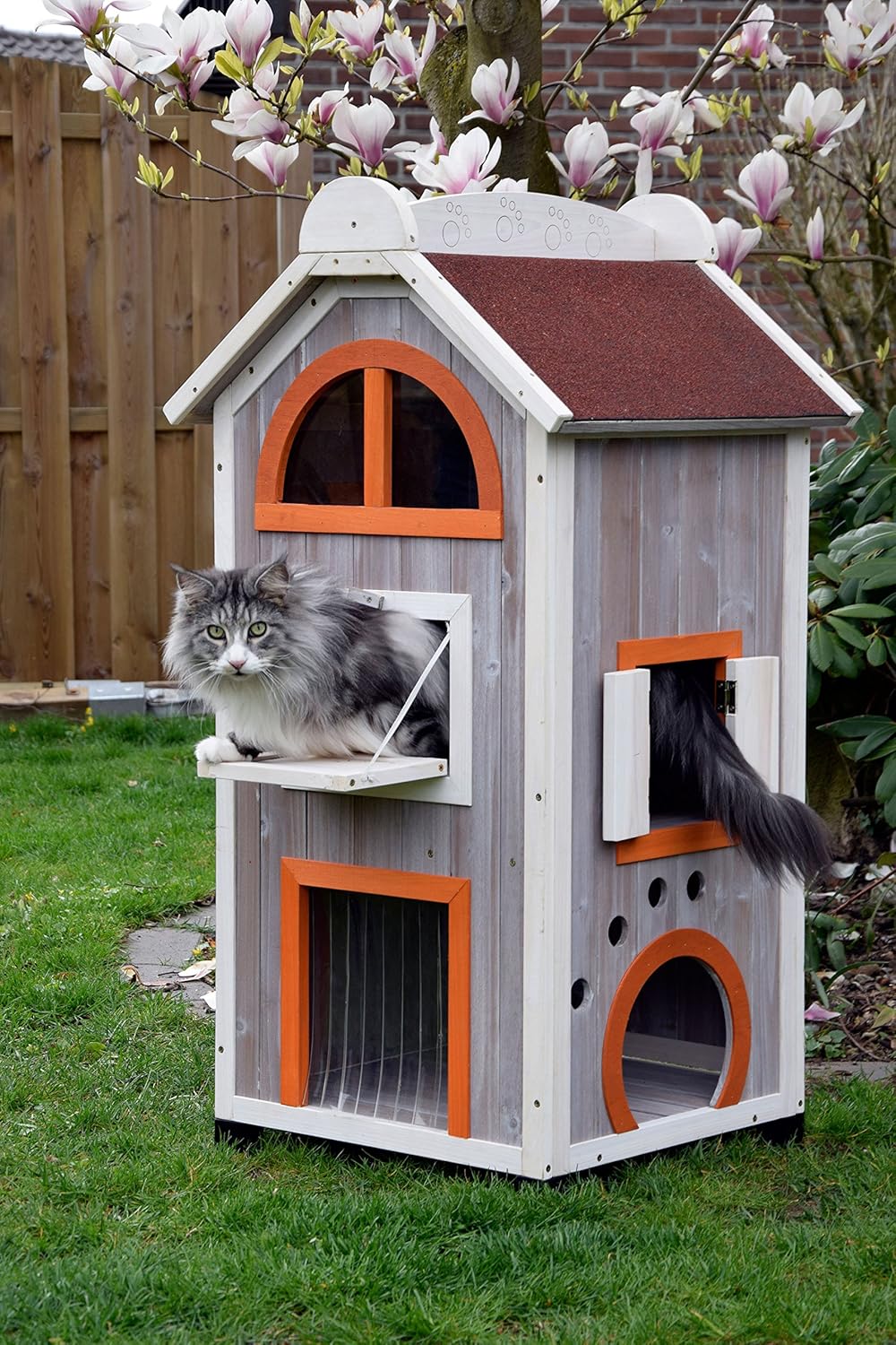 dobar® 55018FSC Katzenhaus "Fancy Cat" - Katzenhütte aus lasiertem Massivholz - Katzenhöhle inkl. Hä