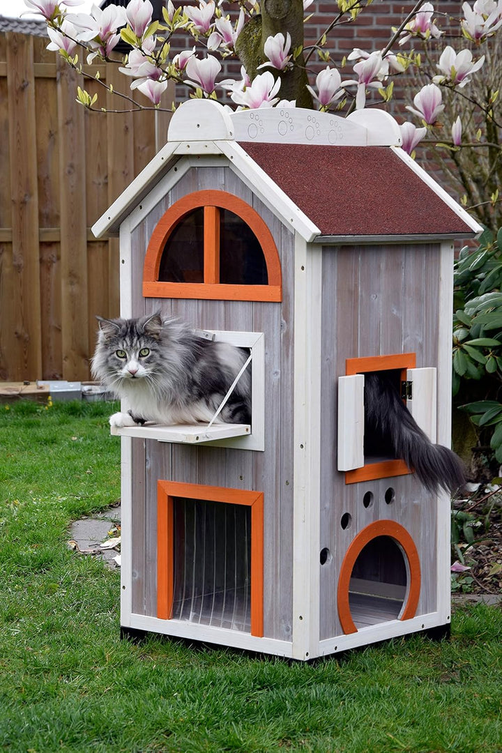 dobar® 55018FSC Katzenhaus "Fancy Cat" - Katzenhütte aus lasiertem Massivholz - Katzenhöhle inkl. Hä