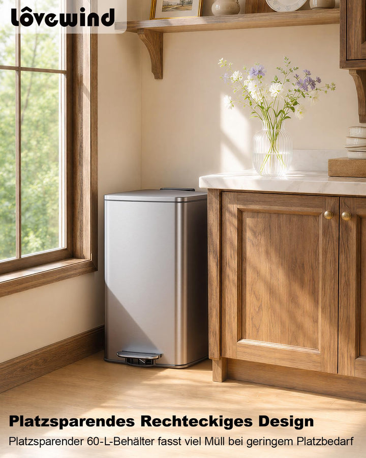 lovewind Mülleimer Küche 60L, Edelstahl Tretmülleimer mit Soft-Close Deckel, Herausnehmbarer Innenei