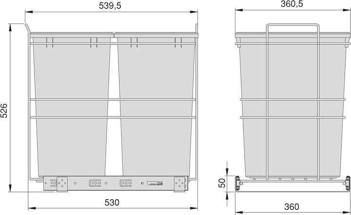 Emuca - Recycling-Behälter für die Küche, 2 x 35 L, Bodenbefestigung und Handauszug, Anthrazitgrauer