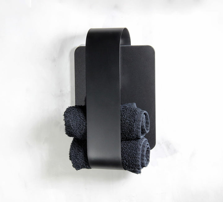 Handtuchhalter für Gästehandtücher aus schwarzem Acrylglas mit Metallbügel - bohrfreie Wandmontage,