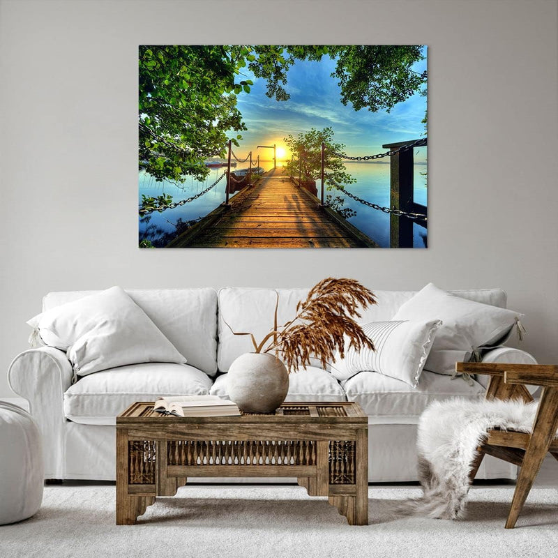 Bilder auf Leinwand 100x70cm Leinwandbild See Sonnenuntergang Boot Landschaft Gross Wanddeko Bild Sc