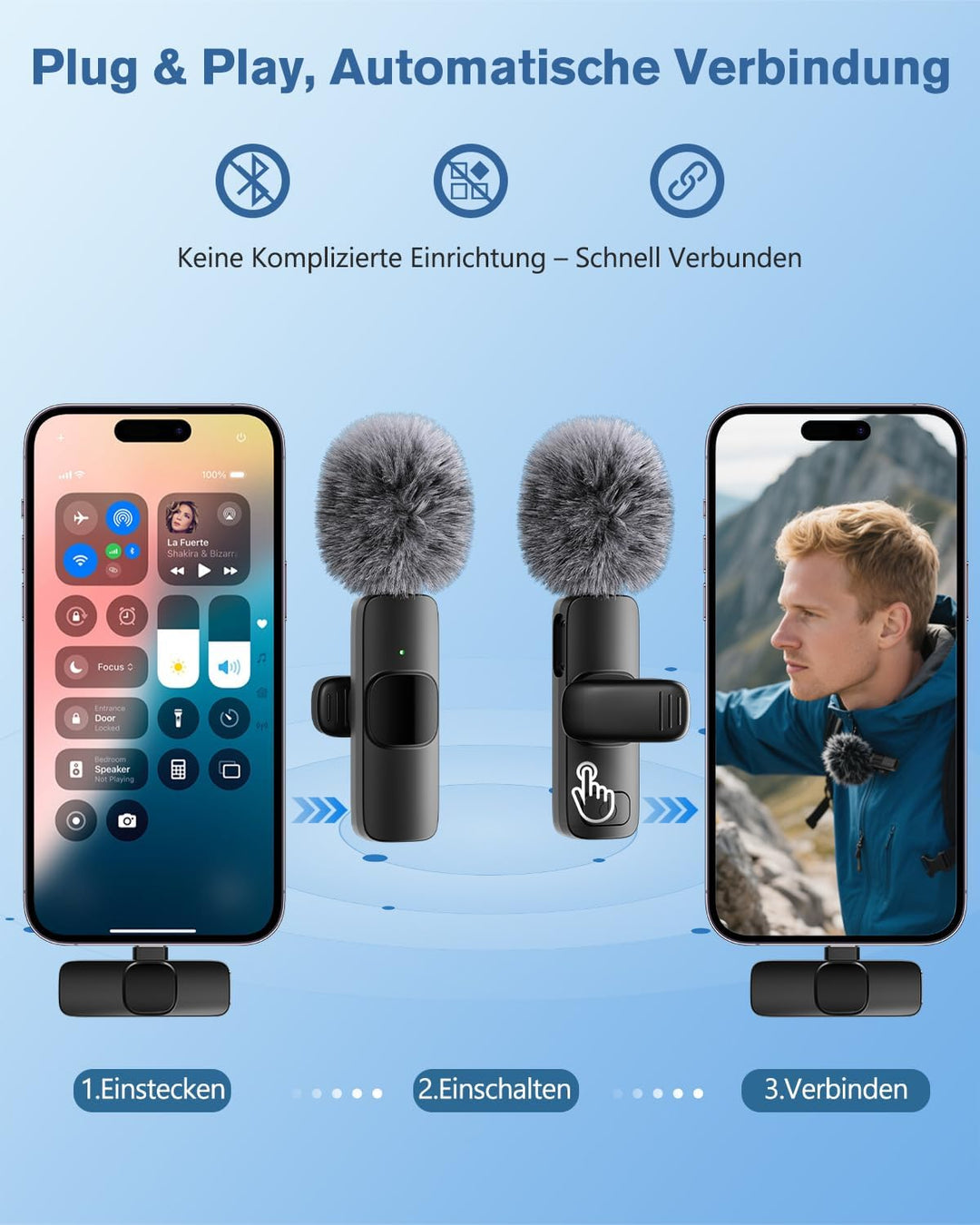 Kabelloses Lavalier Mikrofon für iPhone/iPad/Android (2er-Pack), Mini Mic mit Lightning &amp; USB-C, Ger