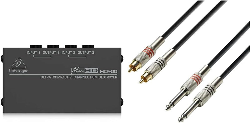 Behringer MICROHD HD400 Ultrakompakter 2-Kanal Brummzerstörer Bundle mit 2 x Cinch male auf 2 x 6,3m