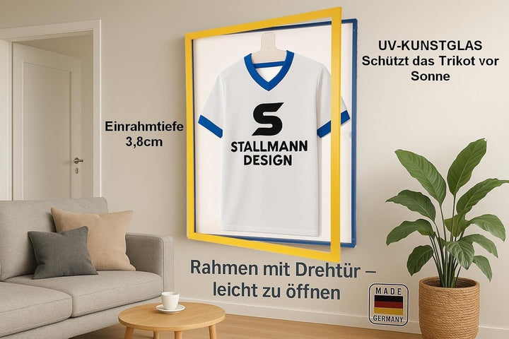 Trikotrahmen mit Drehtür – 'Gelb-Blau' - Rückwand Weiss | Grösse: 90x70cm - von vorne bestückbar - s