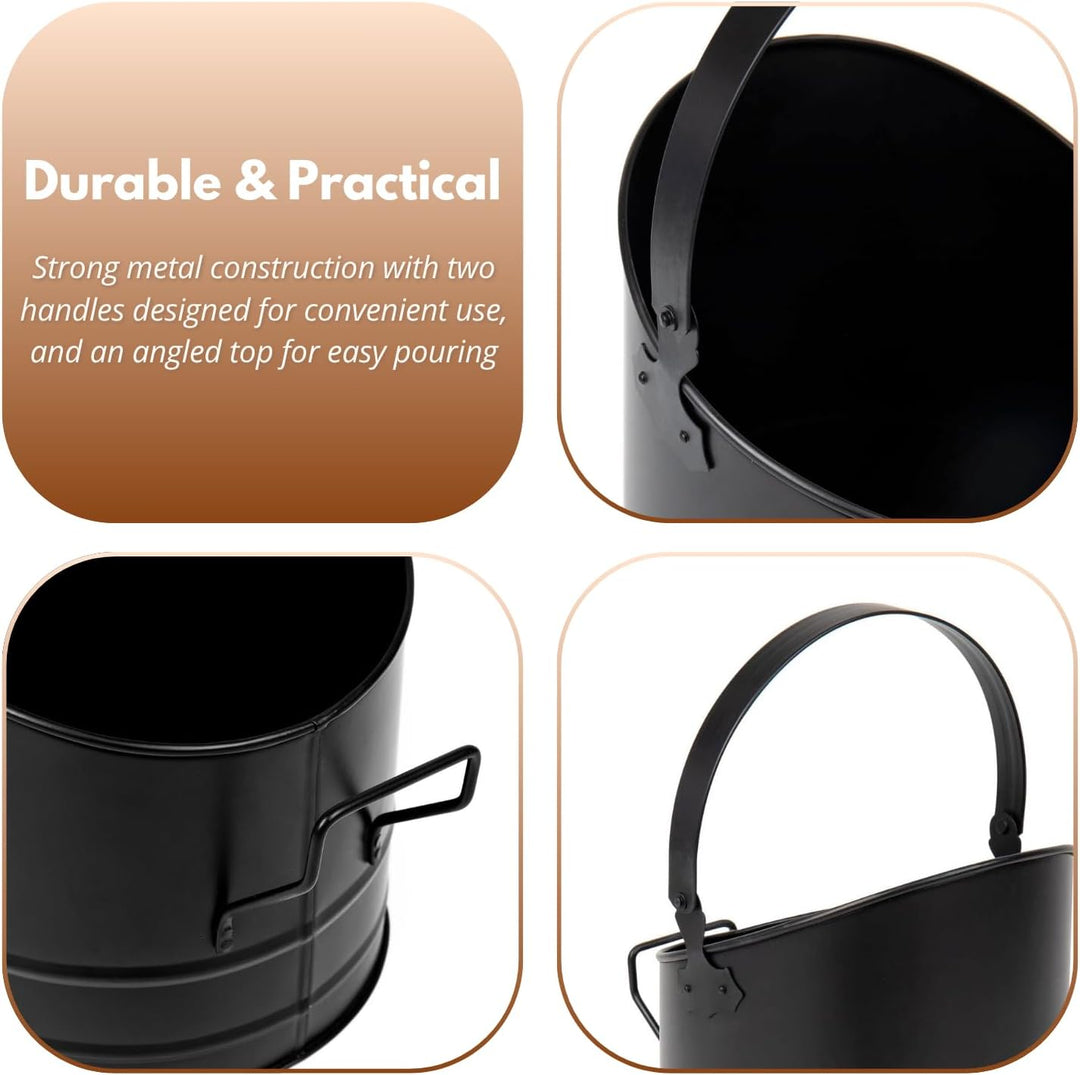 HomeZone schwarzer Kohleeimer für Anzündholz, Kohle und Brennstoff, BLACK ROUND FIRESIDE BUCKET