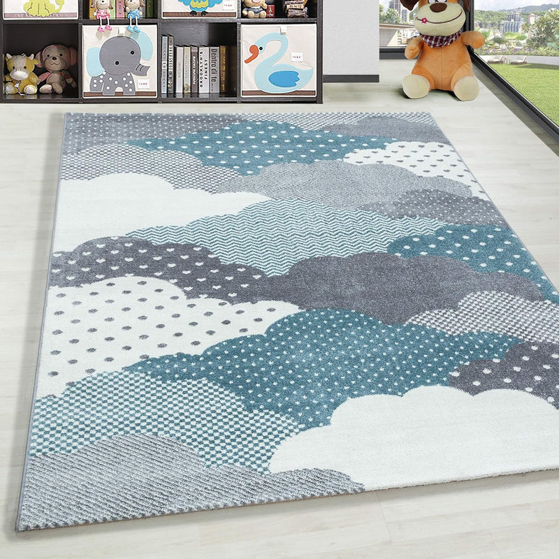 HomebyHome Kurzflor Kinderteppich für Jungen und Mädchen Wolke Design 120 cm Rund Blau - Waschbarer