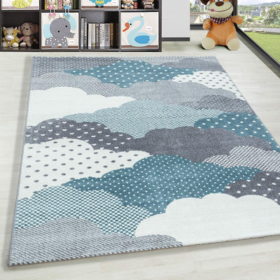 HomebyHome Kurzflor Kinderteppich für Jungen und Mädchen Wolke Design 80 x 150 cm Blau - Waschbarer