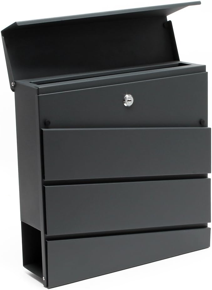 Wiltec Designer Briefkasten V16 Anthrazit 370 x 105 x 370 mm, Wandbriefkasten mit Schloss und Zeitun