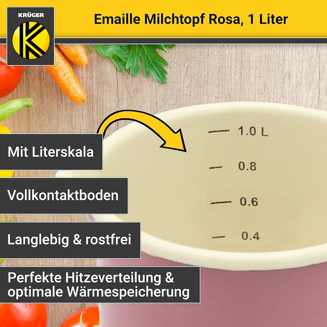 Krüger Emaille-Milchtopf Rosa 12cm, 1 Liter - Topf mit Vollkontaktboden für energiesparendes Kochen