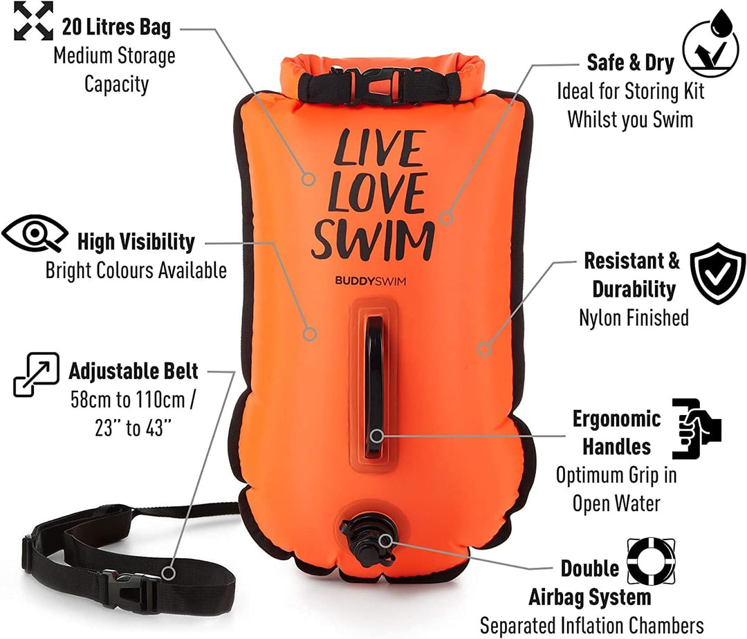 Set Freiwasser Schwimmboje 20 Liter und Badekappe. Sicherheitsschwimmboje für das Schwimmen im offen