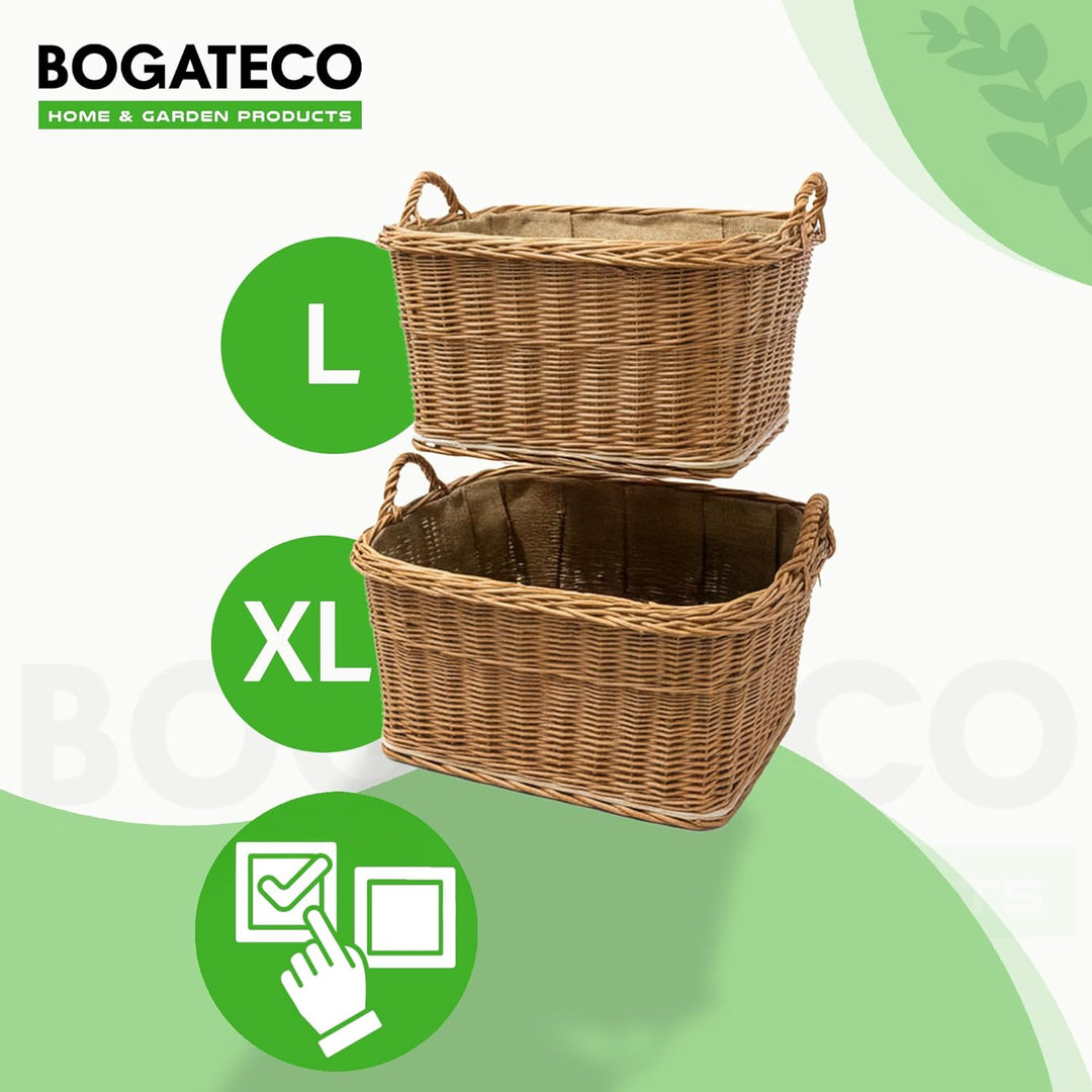 BOGATECO Kaminholzkorb Weide Rechteckig 60x50 cm, Stabiler Brennholzkorb mit Sperrholzboden und Jute