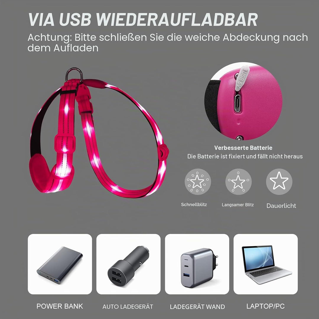 LED Hundegeschirr Leuchtend für Hunde, Leuchtgeschirr Hundeweste Wiederaufladbar Rosa Gross, Rosa Gr