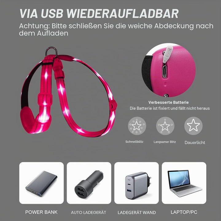LED Hundegeschirr Leuchtend für Hunde, Leuchtgeschirr Hundeweste Wiederaufladbar Rosa Gross, Rosa Gr
