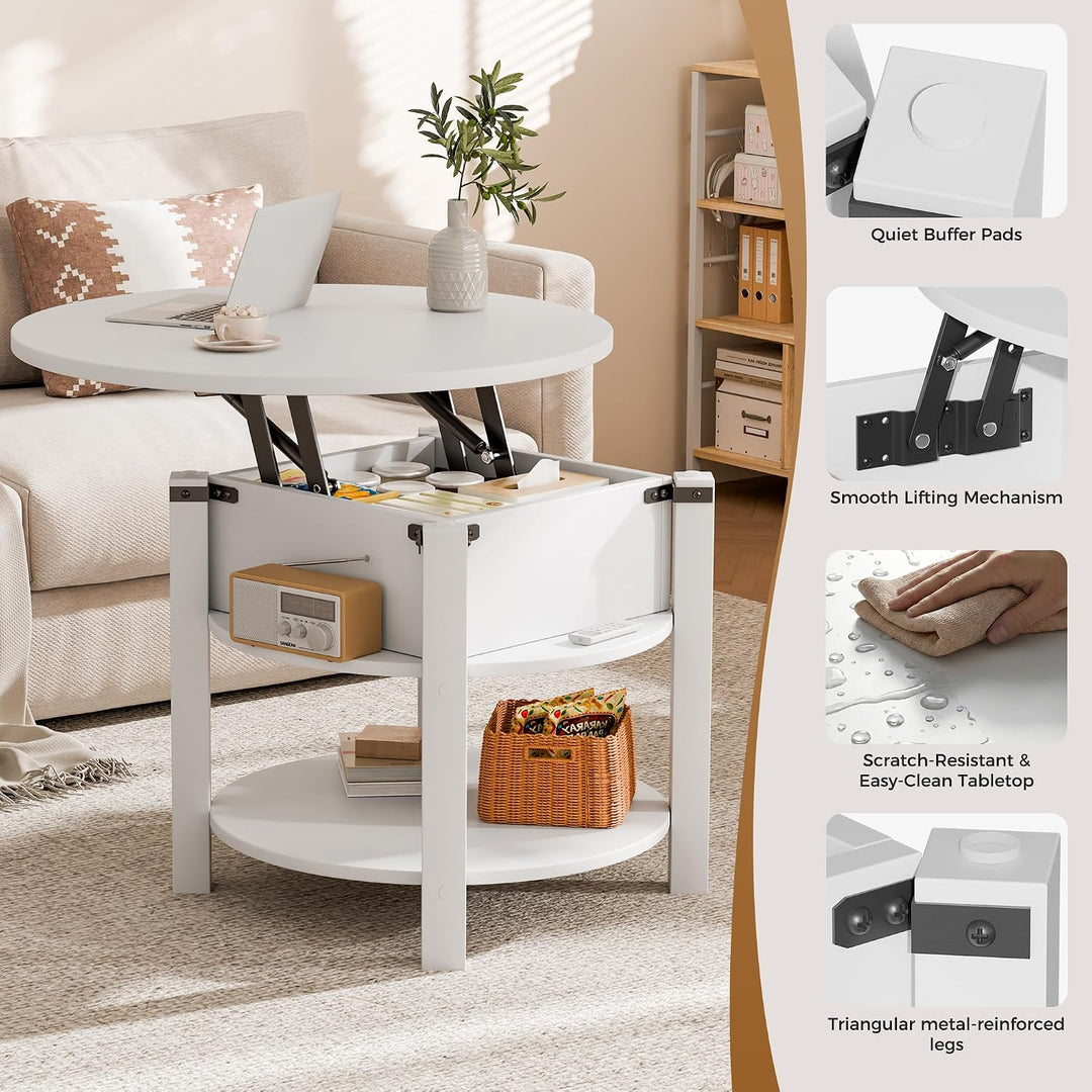 ELUCHANG Couchtisch Rund mit Hebeplatte, Couchtisch Höhenverstellbarer 2 in 1, Beistelltisch Wohnzim