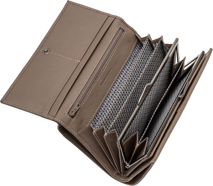 Damen Portemonnaie geräumig aus echtem Leder Multi-Fächer mit Münzfach und Kartenfächern Taupe, Taup