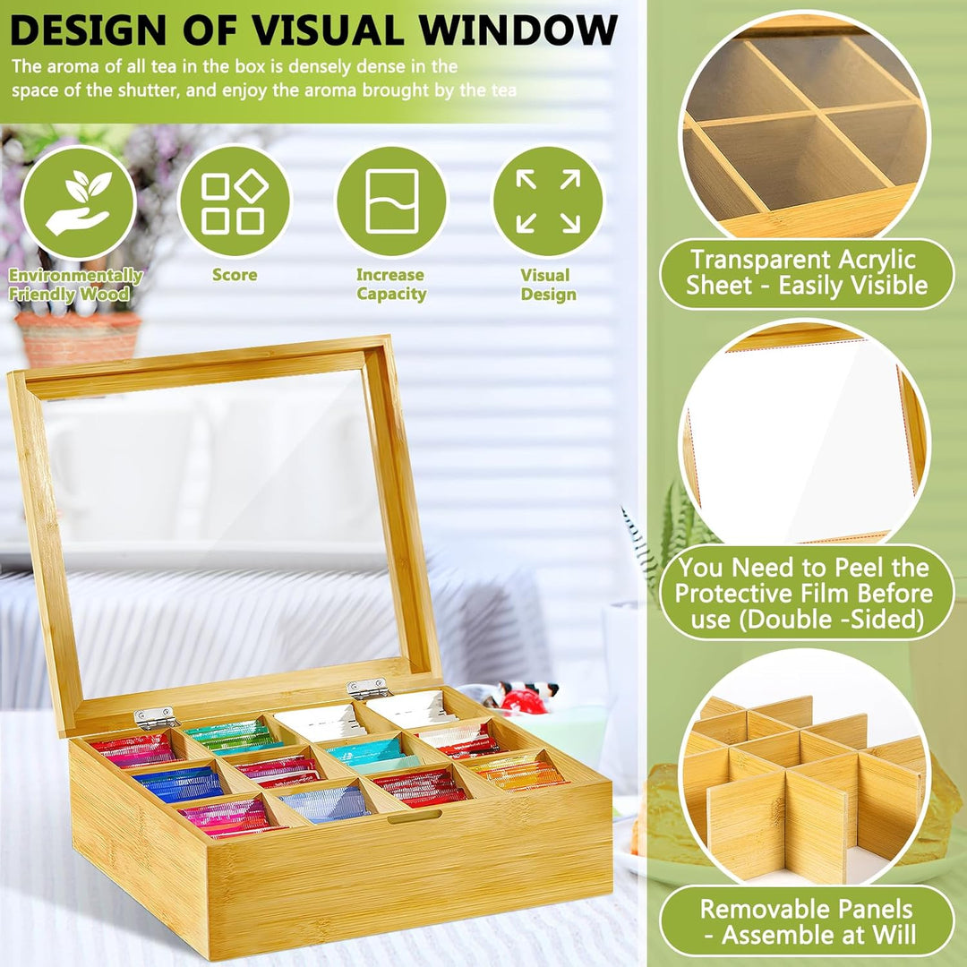 Teebox, Teebox aus Holz mit 12 Fächern und Sichtfenster, Teebeutel Aufbewahrungsbox, Teekiste Holz,