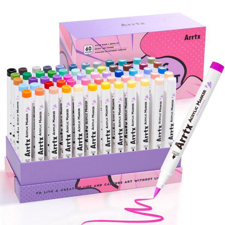 Arrtx Pinselspitze Acrylfarbe Stifte,Wasserfeste Acrylstifte in 60 Farben für DIY, Felsmalerei & meh