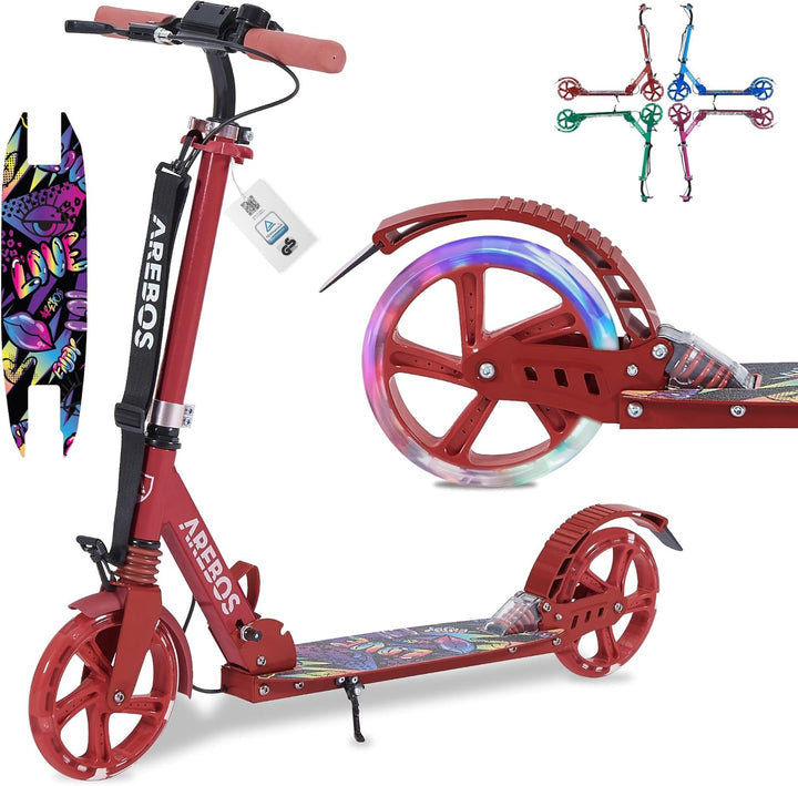 Arebos Cityroller Tretroller mit LED | höhenverstellbar | klappbar | inkl. Tragegurt | Hand- & Tritt