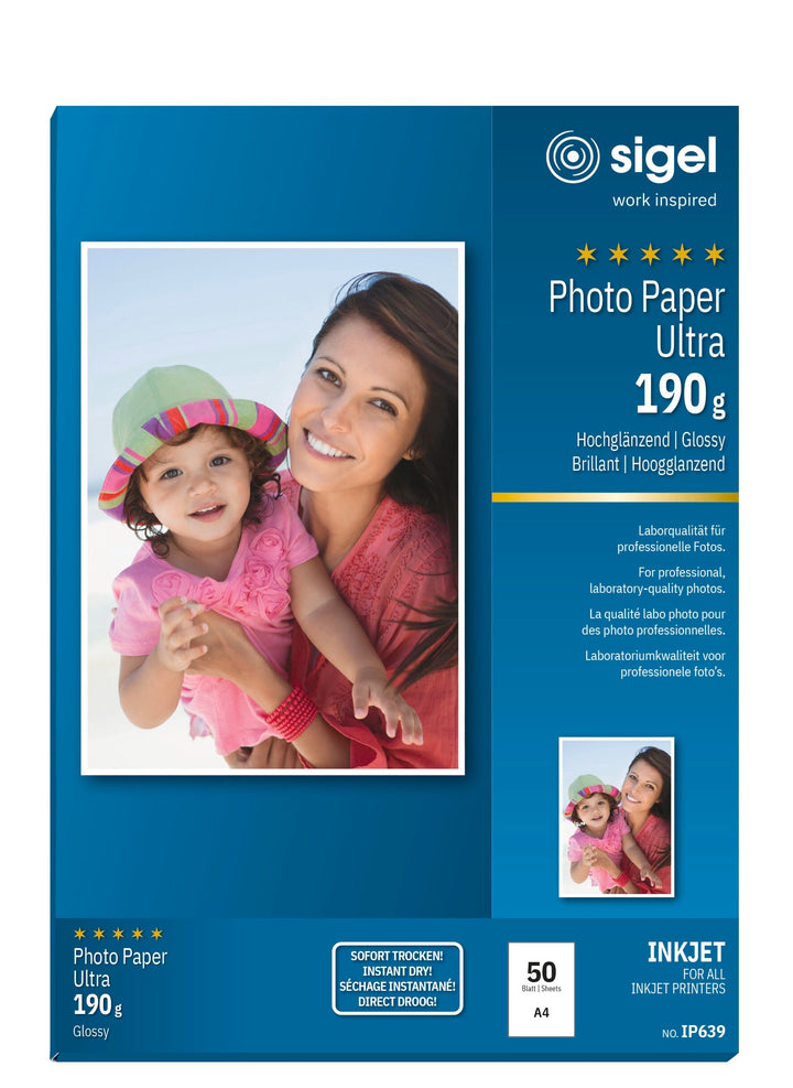SIGEL IP639 InkJet-Fotopapier Ultra, A4, 50 Blatt, hochglänzend, extrem lichtbeständig, 190 g