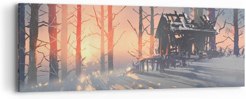 Panorama Bilder auf Leinwand Winter Wald Hütte Leinwandbild 90x30cm Wandbilder Dekoration Wohnzimmer