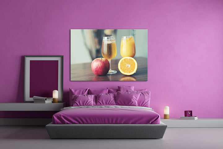 deyoli Glas mit Apfel und Orangensaft Format: 80x60 als Leinwandbild, Motiv fertig gerahmt auf Echth