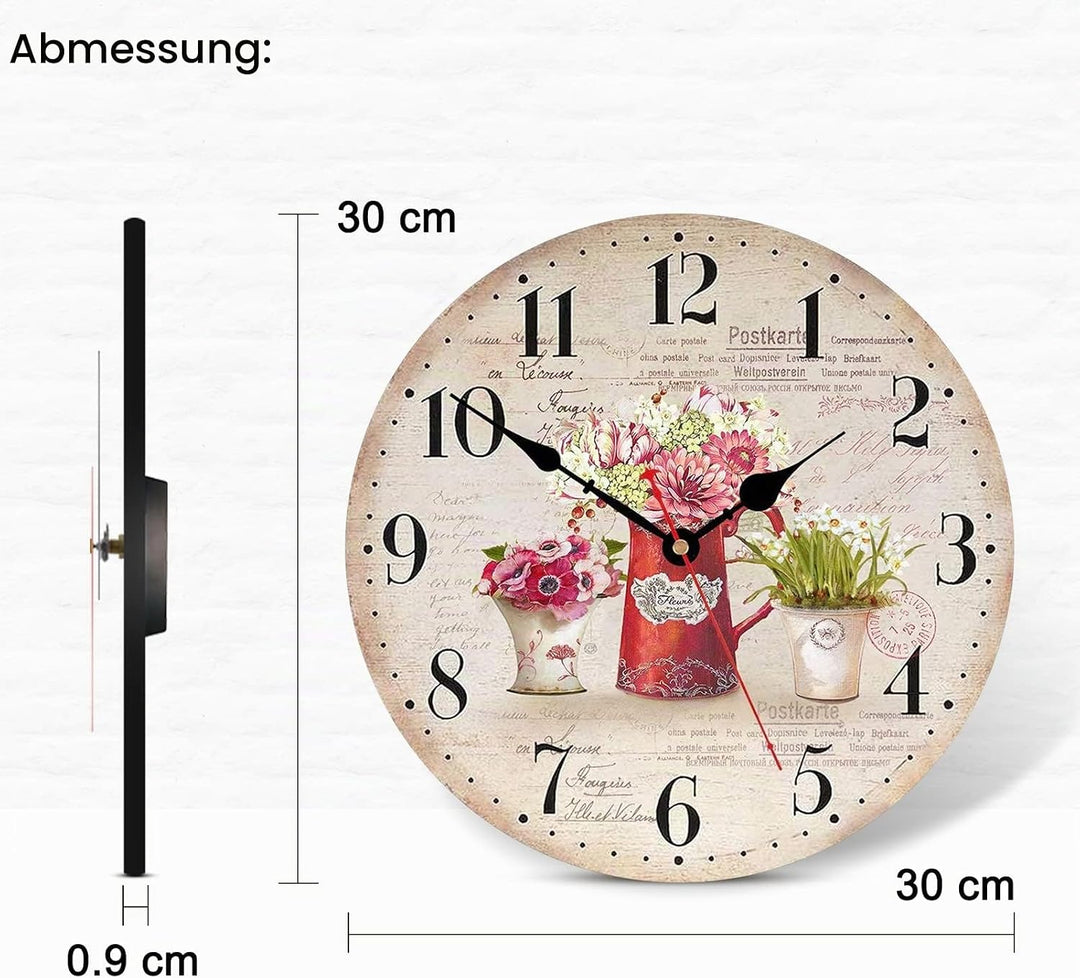 TAHEAT 30 cm Vintage Blume Wanduhr, Holz Retro Shabby Chic Uhren, Lautlos Geräuschlos Landhausstil W