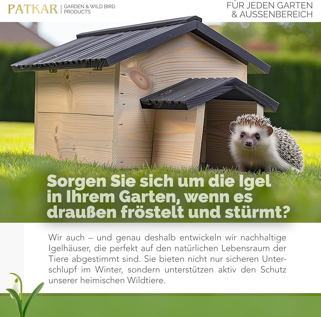 PATKAR Igelhaus Winterfest mit Boden [SCHÜTZT VOR FRESSFEINDEN] - Premium Igelfutterhaus (Made in Eu