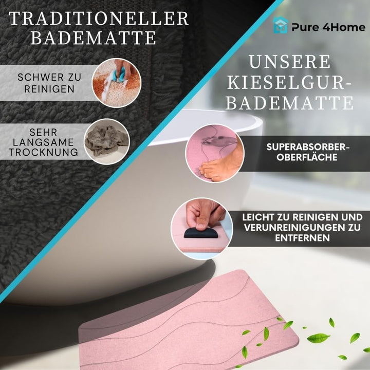 PURE 4HOME Badematte Kieselgur 60 x 40 cm – Saugstark & Schnelltrocknend, rutschfest – Diatomit Stei