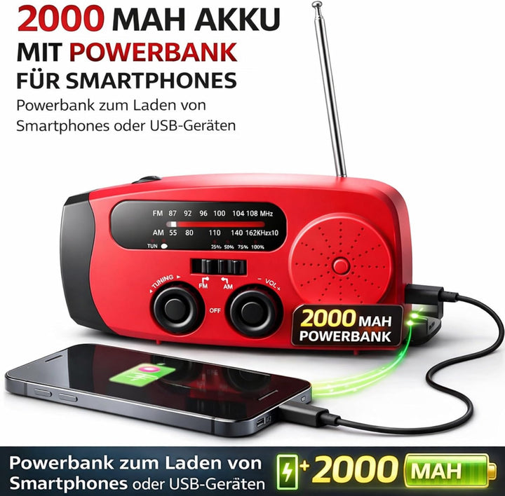 Kurbelradio Notfallradio Solarradio AM/FM, Powerbank 2000mAh, LED Taschenlampe, SOS-Alarm, USB-C, Ha