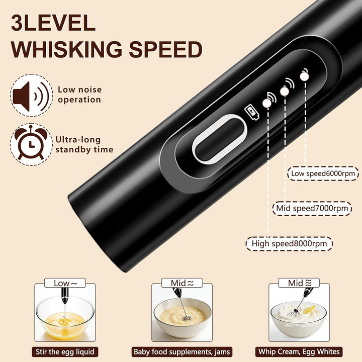 Milchaufschäumer Stab, 3 Gang USB-C Wiederaufladbar Milchschäumer, Milchaufschäumer Elektrisch Stab