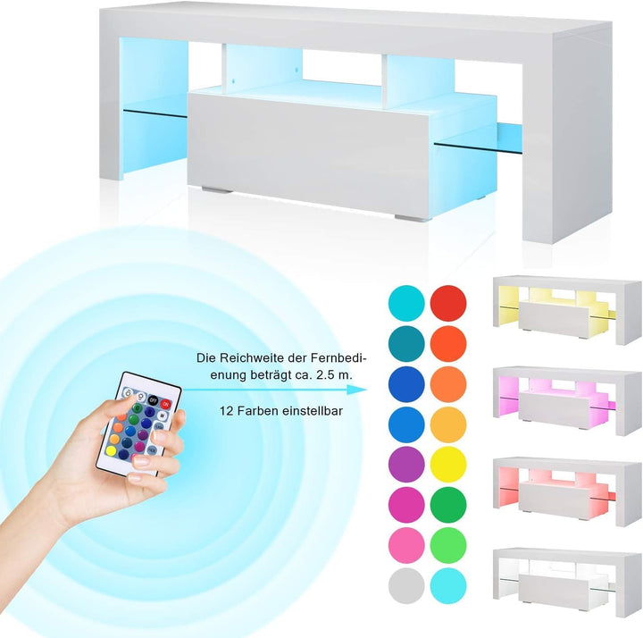 SONNI TV Board, Weiss Griffloses Design, TV Schrank, Hochglanz mit LED Beleuchtung, 12 Farben können