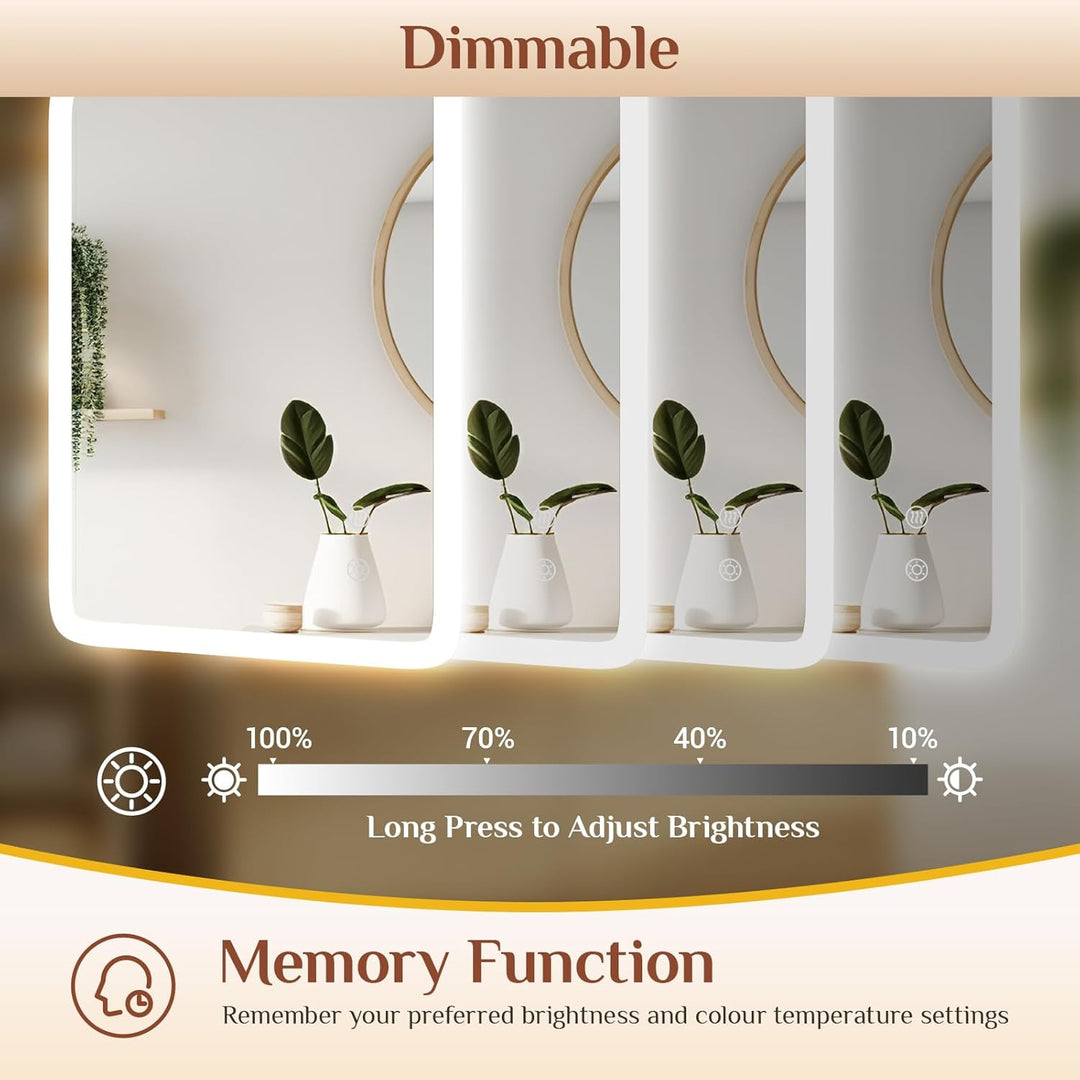 Clevich Badspiegel mit Beleuchtung 80×60 cm, LED Spiegel mit 3 Lichtfarben dimmbar, gehärtetes Glas