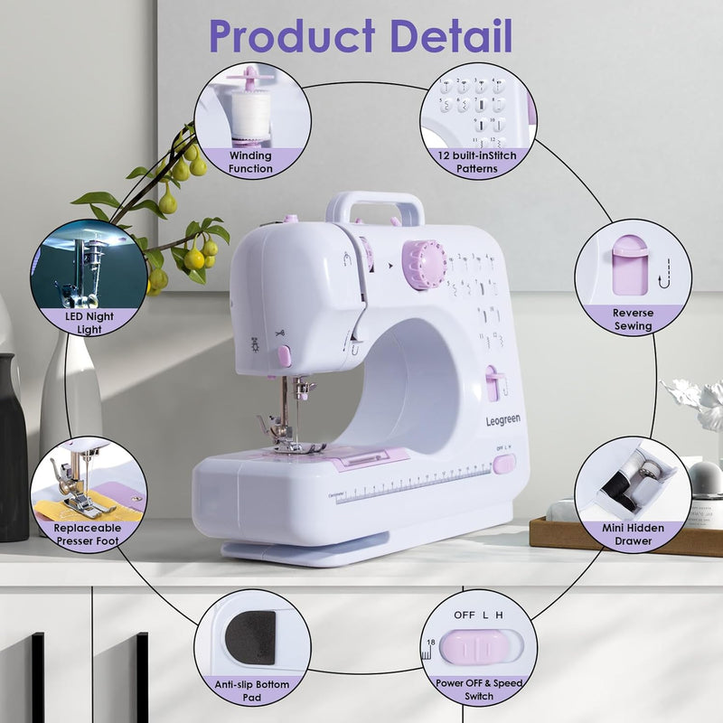 Todeco Nähmaschine für Anfänger und Kinder, 12 Stichmuster, Nähmaschine Klein mit Fusspedal Nählicht
