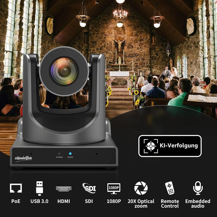 zowietek New Gen PTZ AI Kamera PoE | KI-Tracking-| 20-facher optischer Zoom | gleichzeitigen SDI-, H
