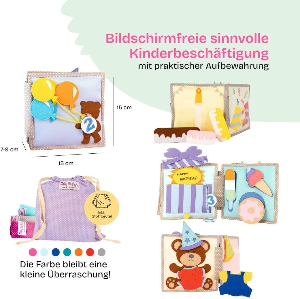 Jolly Designs – Happy Bearsday - 6 Seiten Mini Quiet Book – Montessori Spielzeug ab 1 Jahr – Motorik