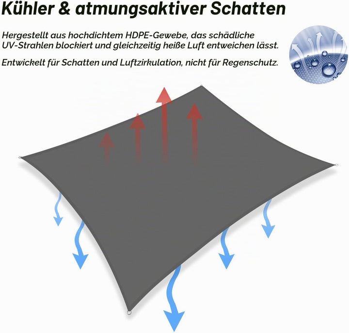 Sonnensegel 2x2m Viereckig HDPE UV Schutz Quadratisch Sonnenschutz Wetterbeständig Atmungsaktiv für