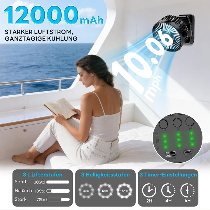ELZO 12000mAh Campingventilator, USB-Tischventilator mit LED-Licht, Aufhängehaken und Magnetverschlu