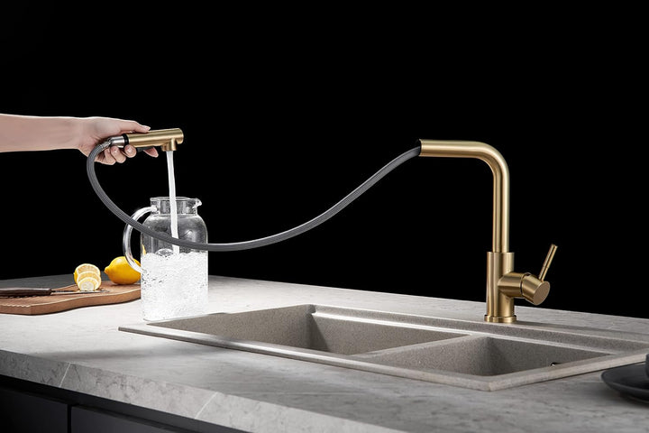 KINSE Küchenarmatur mit ausziehbarer Brause, Edelstahl Spültischarmatur Küche, 2 Strahlarten, 360° s