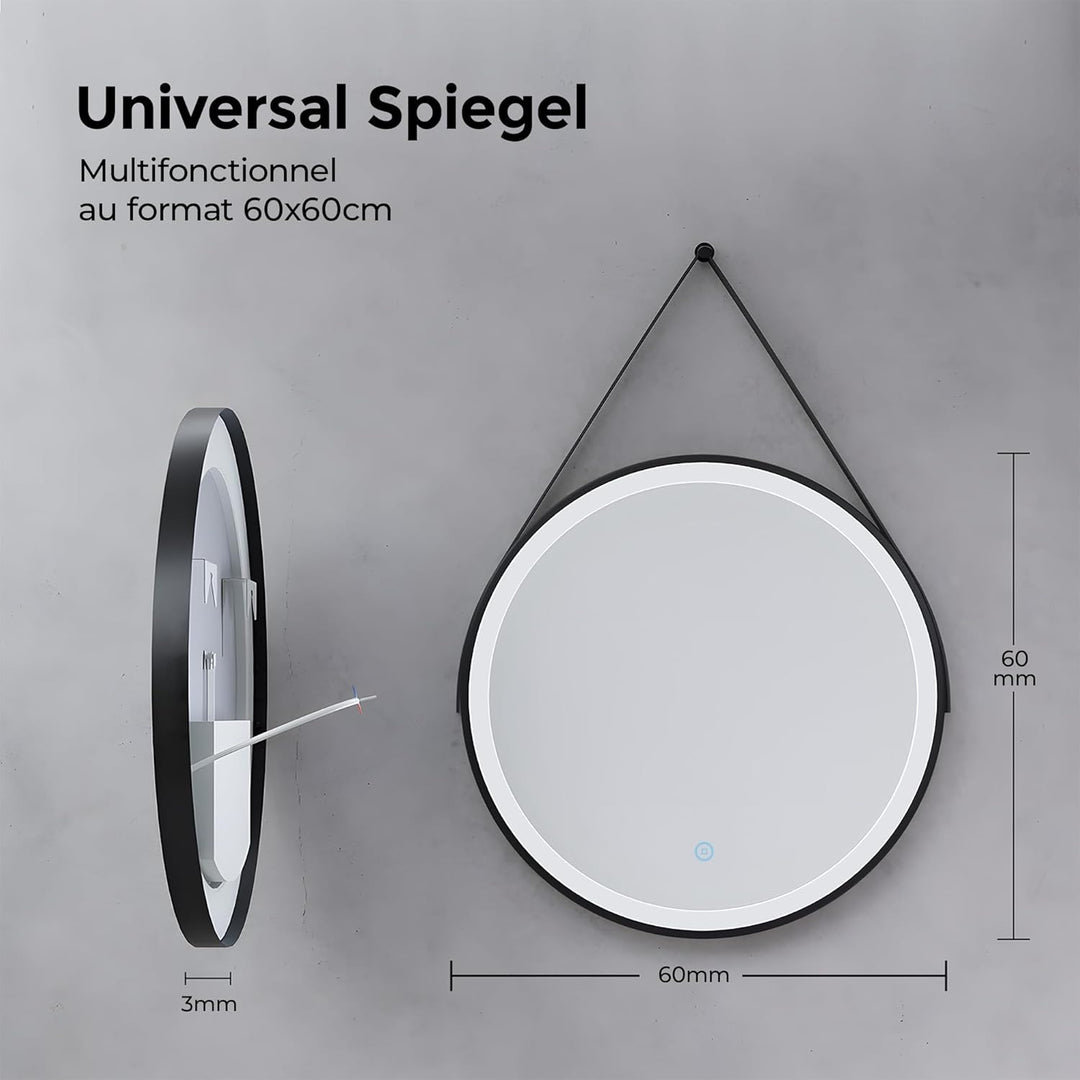 Heilmetz Badspiegel mit Beleuchtung Rund 60cm, LED Badezimmerspiegel mit Licht 6500K Kaltweiss, Dimm