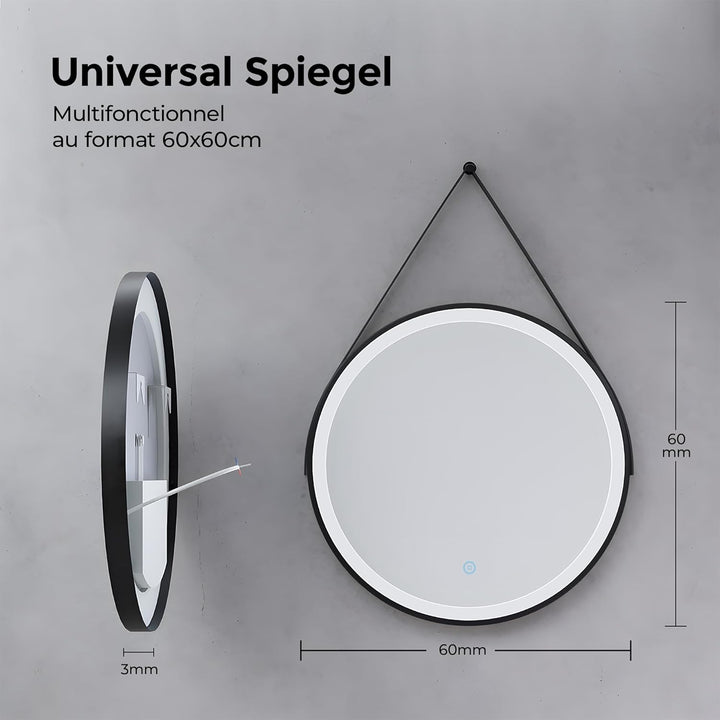 Heilmetz Badspiegel mit Beleuchtung Rund 60cm, LED Badezimmerspiegel mit Licht 6500K Kaltweiss, Dimm