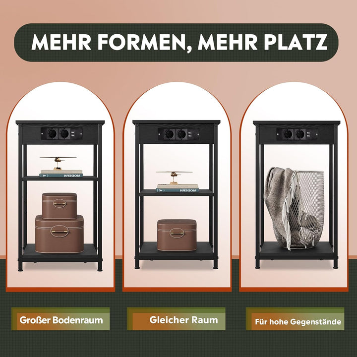 WLIVE Beistelltisch Schwarz, 3-Stufiger Klein Nachttisch mit Steckdosenleiste, Zeitschriftenhalter,