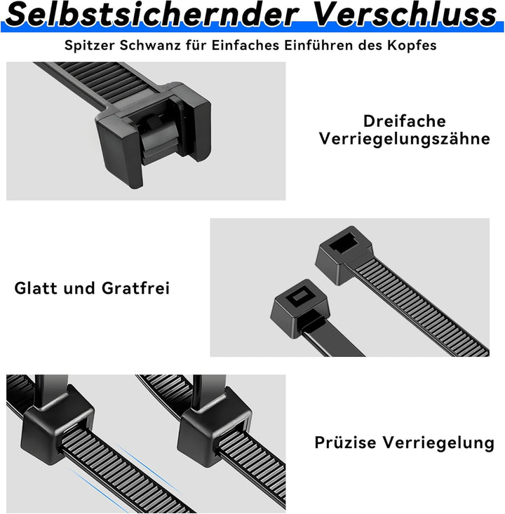 kabelbinder schwarz 300mm x 5mm, 500 Stück kabelbinder wiederverschliessbar, 20 kg Zugfestigkeit, Ny