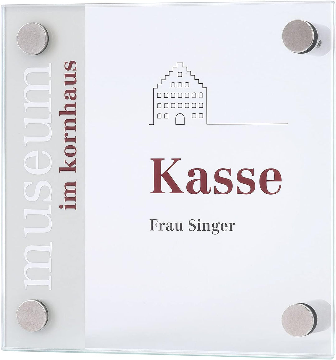 GALERIE Türschild | 150x150 mm | 2 Scheiben ESG Glas | 4x Edelstahl Halter | Türschild Büro | Bürosc