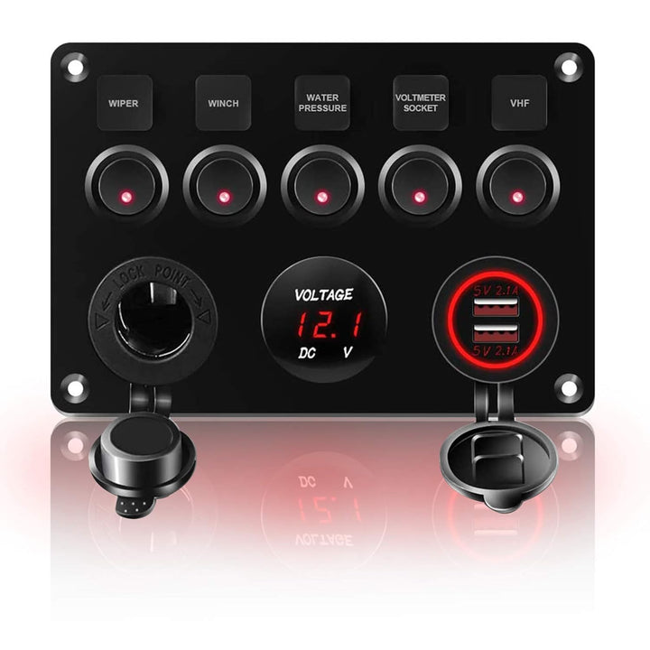 KAOLALI Schaltpanel 12V/24V Kippschalter 5 Gang IP65Wasserdicht + 4.2A Dual USB Ladegerät + Zigarett