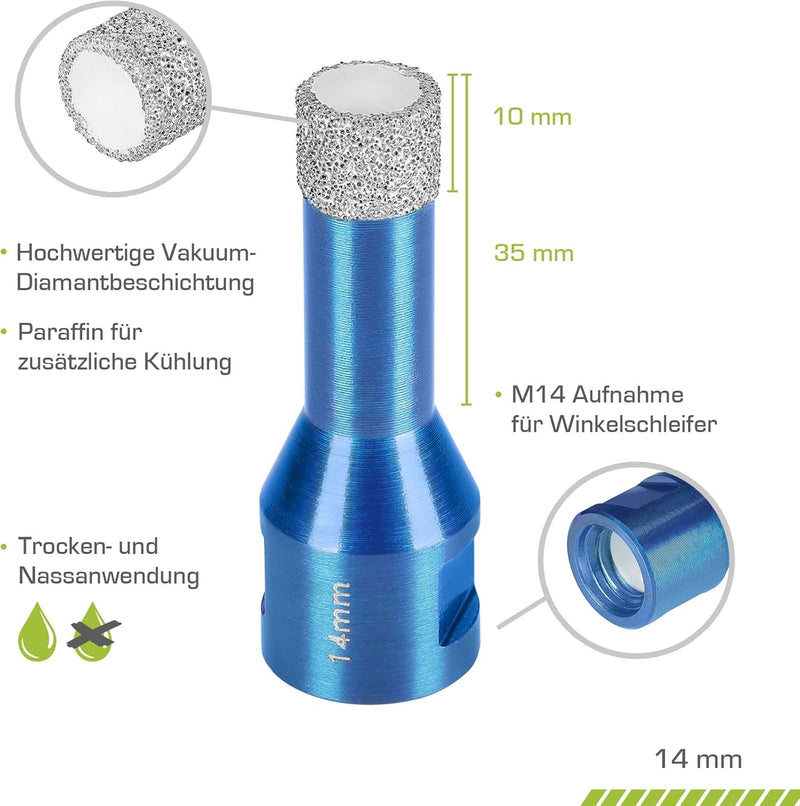 Profi Fliesenbohrer 14mm x M14 - Diamantbohrer für harte Fliesen, Feinsteinzeug uvm. Diamantbohrkron