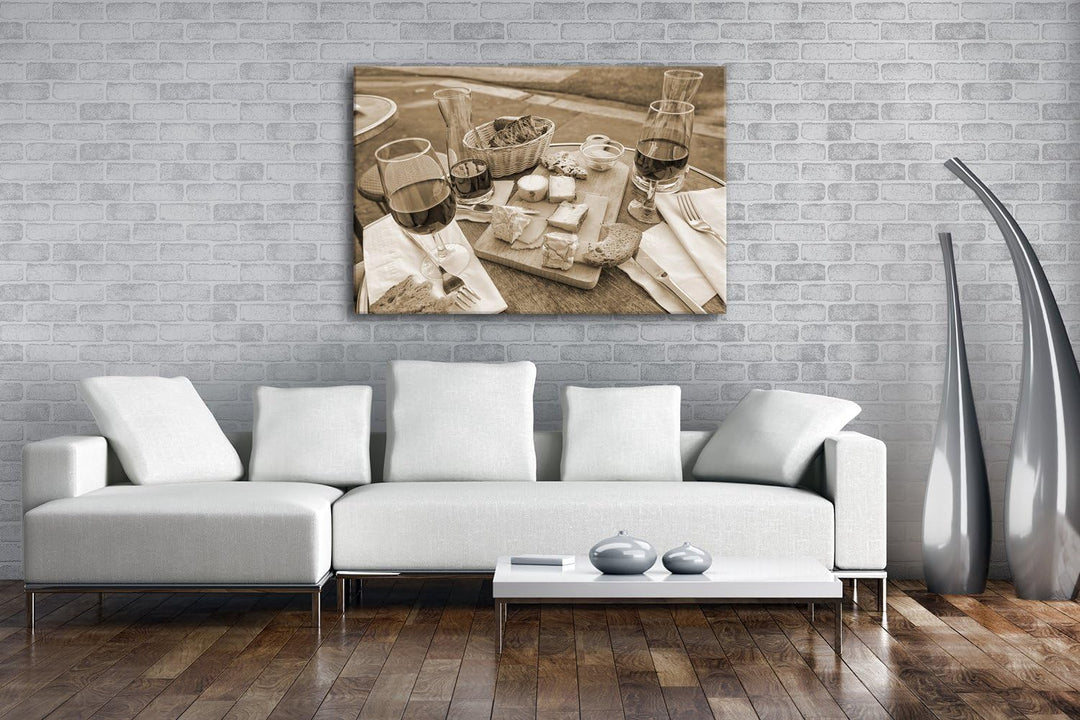 deyoli appetitliches Wein und Käse Buffet Format: 80x60 Effekt: Sepia als Leinwandbild, Motiv fertig